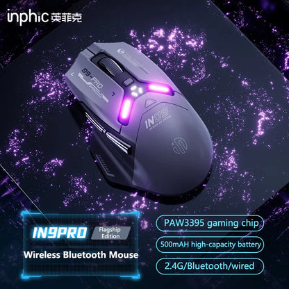 Mouse da gaming wireless Inphic IN9PRO 26000DPI 8K Polling Rate Bluetooth 5.0 cablato 2.4G tri-mode RGB ergonomico