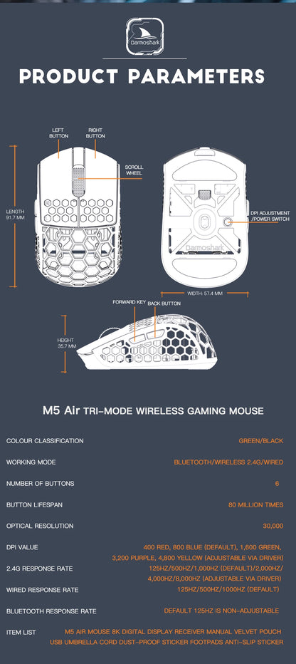 Rato Gaming Sem Fios Darmoshark M5Air em Fibra de Carbono Forjada 8K, PAW3950, 30K DPI, para Mãos Pequenas, Pegada Fingertip, Macros de Jogo, Leve