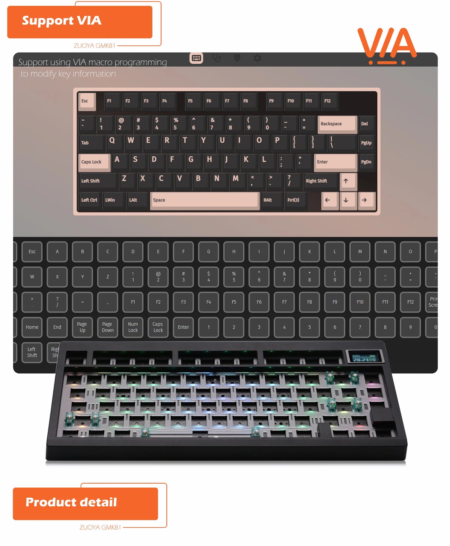 Kit de teclado mecânico ZUOYA GMK81 Hot-swappable Bluetooth 2.4G sem fios com retroiluminação RGB, estrutura gasket, suporte para