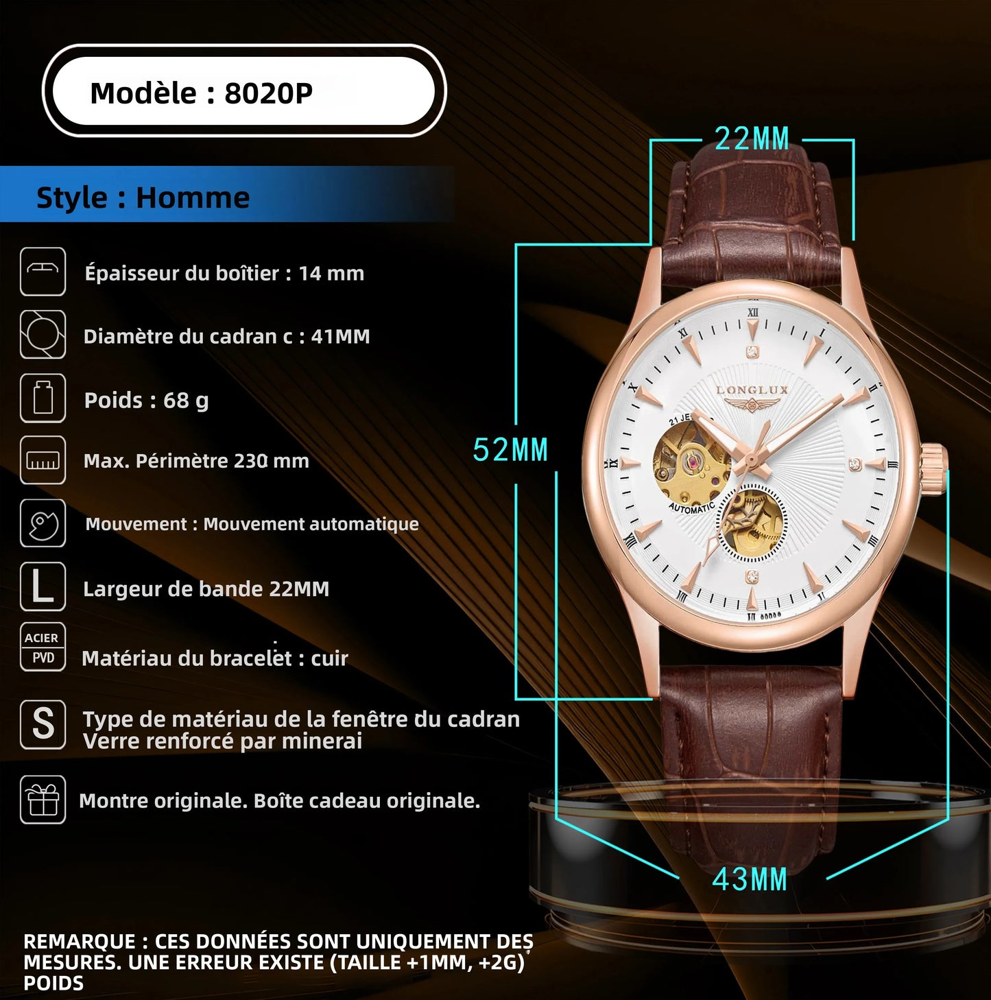 LONGLUX automatic watch elegant style wholesale mechanical wristwatches skeleton rome waterproof  mens watch men gift