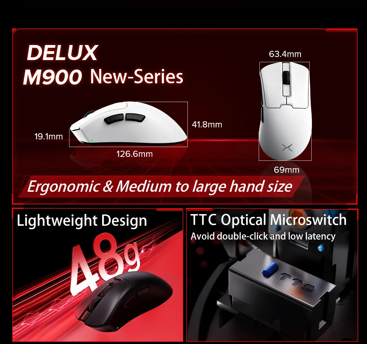 Rato Gaming Sem Fios Delux M900PRO Versão Ultraleve Ergonómico 1K/8K Polling Rate 50g PAW3395 para Destro com Mão Grande PC Gamer