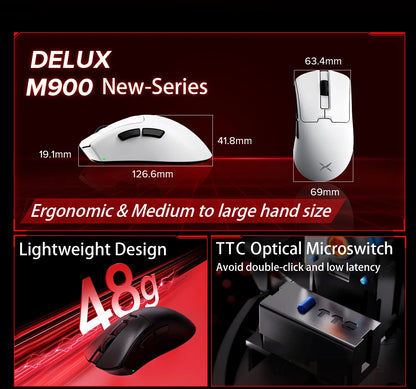 Rato Gaming Sem Fios Delux M900PRO Versão Ultraleve Ergonómico 1K/8K Polling Rate 50g PAW3395 para Destro com Mão Grande PC Gamer