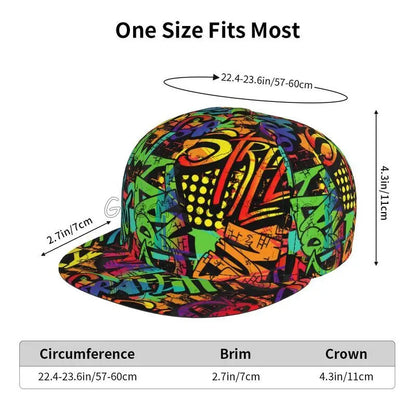Farverig baseballcap med graffitikunst-print, justerbar snapback-kasket til mænd og kvinder, unisex hiphop-kasketter med flad skygge