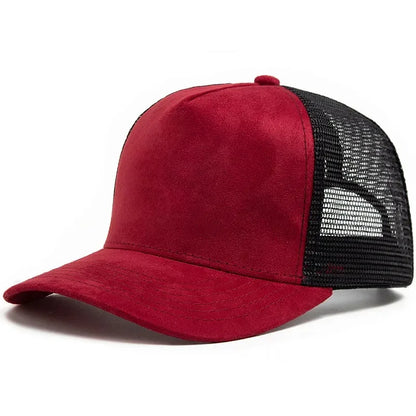 Boné trucker unissexo 2025 de 5 painéis em malha e camurça com logótipo personalizado, boné de basebol para homem, primavera/verão, respirável, desportivo, para mulher