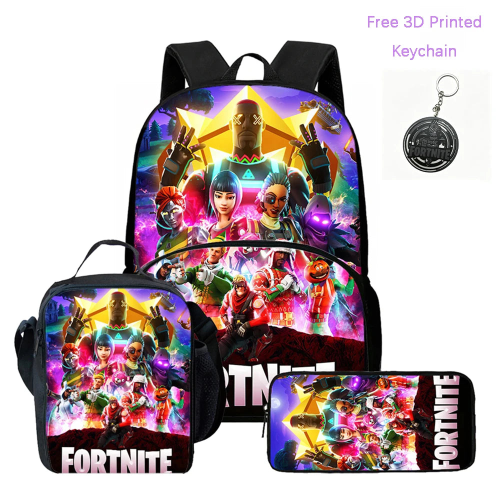 3Pcs FORTNITE Cartoon School Set Lightweight Backpack Front Pocket Lunch & Pencil Case For Kids Age 5-9 Free 3D Printed Keychain