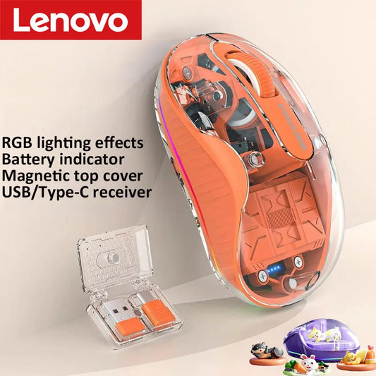Lenovo Transparent Wireless Mouse Tri-Mode Bluetooth 5.0 & 2.4G Rechargeable RGB Mouse, Ergonomic Silent Wireless Mouse for Laptop, PC & Office