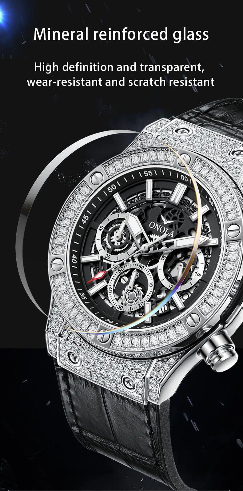 ONOLA Luxury Style Diamond Inlaid Men Quartz Watch Leather Strap Calendar Men Watch 30M Waterproof Men Clock