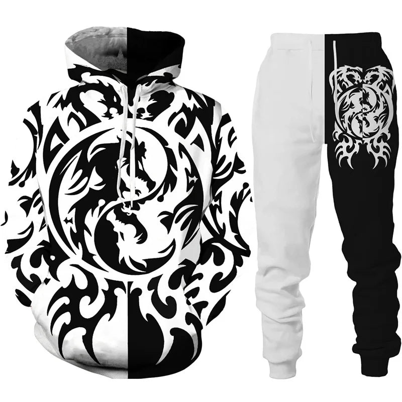 Conjunto de fato de treino para homem e mulher com estampado 3D de dragão retro tatuado, hoodie casual + calças, conjunto de 2 peças, sweatshirt oversized, moda masculina