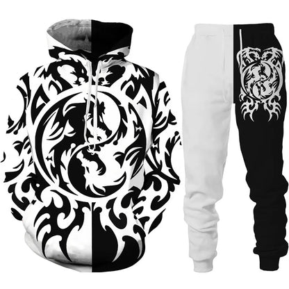 Conjunto de fato de treino para homem e mulher com estampado 3D de dragão retro tatuado, hoodie casual + calças, conjunto de 2 peças, sweatshirt oversized, moda masculina