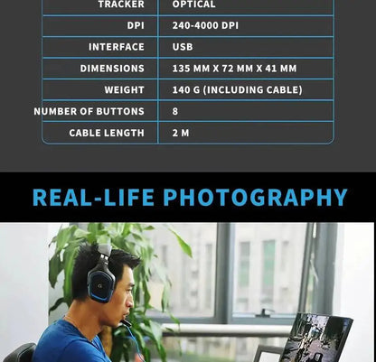 Rato Gaming com Fios Logitech G402, Processador ARM de 32-Bit, 8 Botões, 500 IPS, Antiderrapante, para Sessões de Gaming e Trabalho Durante Todo o Dia