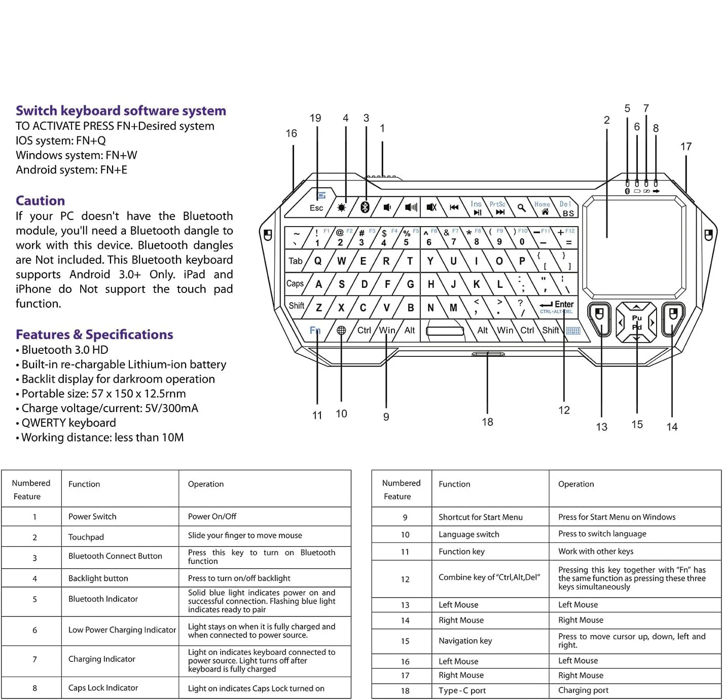 Mini Bluetooth Keyboard (QWERT) Rechargeable Wireless Keyboard with Touchpad for TV, PS4, PS4 Pro, PS5 Phone Laptop