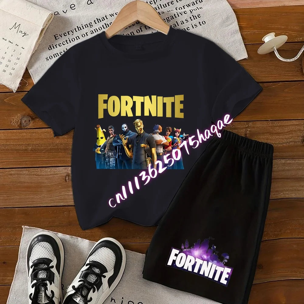 Conjunto infantil de verão Fortnite com t-shirt e calções anime, 2 peças, manga curta, algodão, casual, desportivo, presente