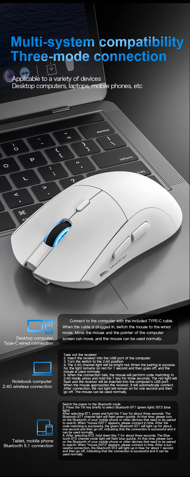 Rato gaming sem fios Bluetooth SMAILWOLF RS7, três modos, PAW3311, macros configuráveis, para portátil, gaming e escritório