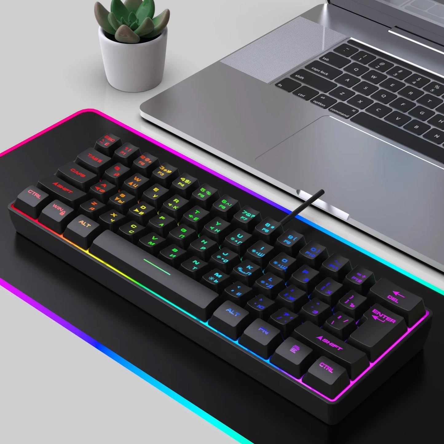 Gaming Keyboard, Russian/English RGB Backlit 61 Key Ultra-Compact Keyboard, Waterproof Mechanical Feeling Office Gaming Keyboards