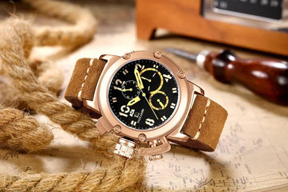 Automatic Watches for Men Mechanical Self Wind Genuine Leather Multifunction Date Boat Month Gold Bronze U Reloj Hombre Baratos