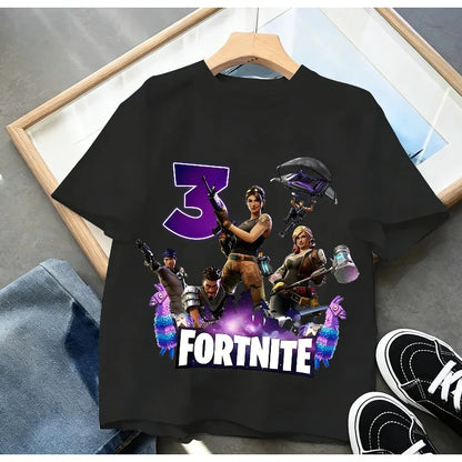 T-shirt de aniversário infantil Fortnites com número para menina e menino, roupa de verão em algodão para bebé, top de manga curta para festa, presente para criança pequena