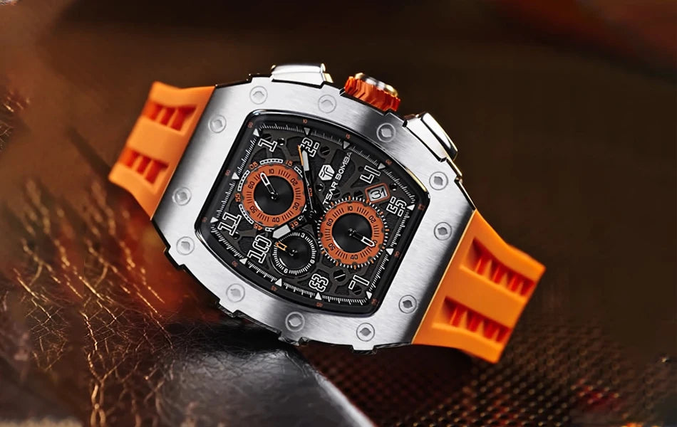TSAR BOMBA New TB8204 Watch for Men Japan Quartz Chronograph 50M Waterproof Wristwatch Fashion Sport Clock Male Luxury Mens Gift