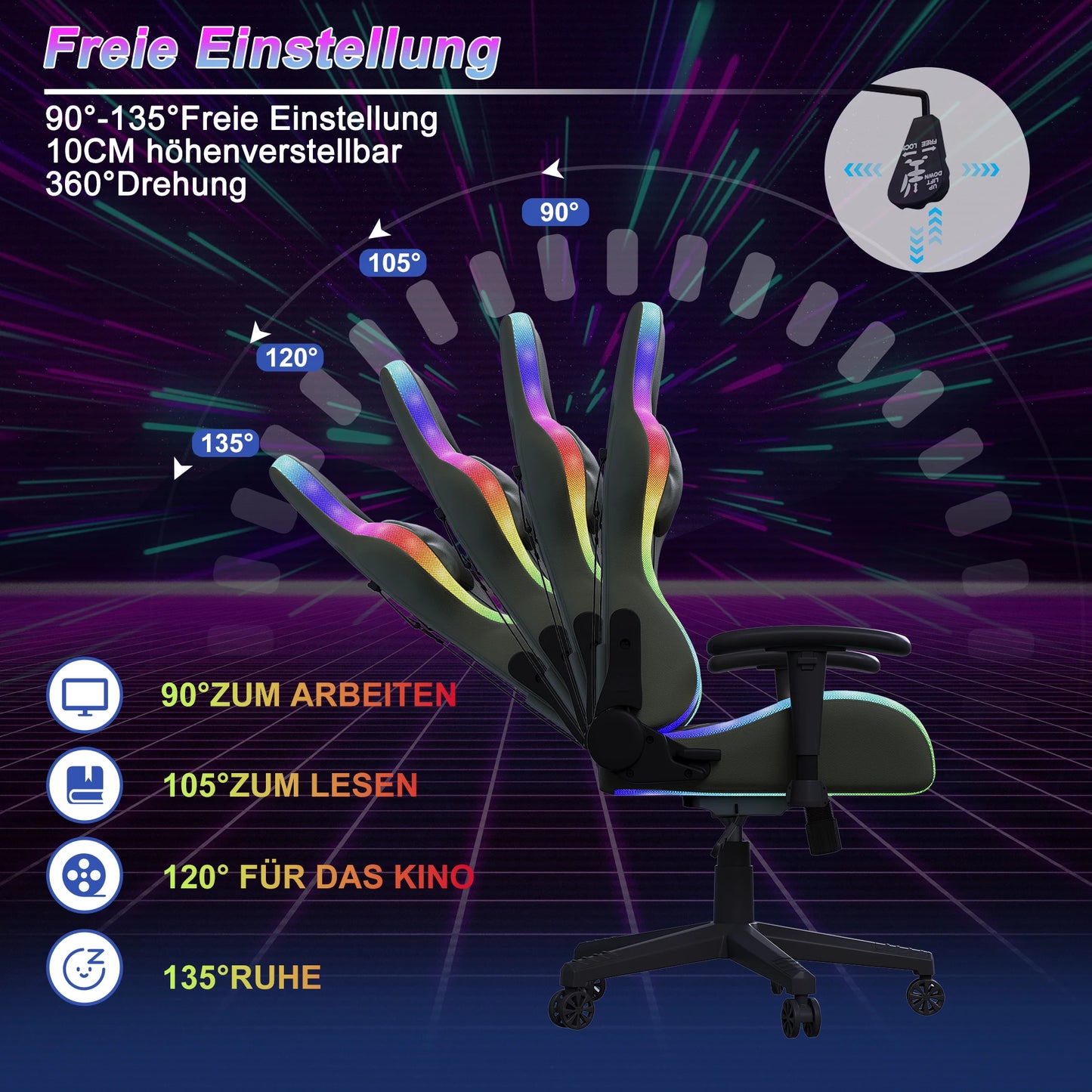 Gaming Chair with Massage Function, Adjustable Backrest, Computer Chair, with Ambient Light, Lumbar Cushion, Pillow, 150 KG