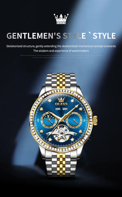 OLEVS 7016 Luxury Automatic Watch Men Skeleton Tourbillon Moon Phase Calendar Waterproof Stainless Steel Mechanical Wristwatch
