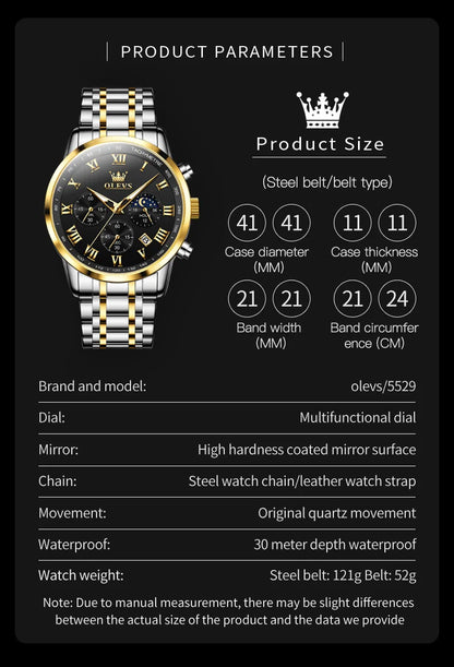 Relógio de Homem OLEVS 5529 de Marca Top Luxury, Impermeável, Luminoso, em Aço Inoxidável, com Fase Lunar e Código de Temporização, Novo Relógio de Quartzo para Homem