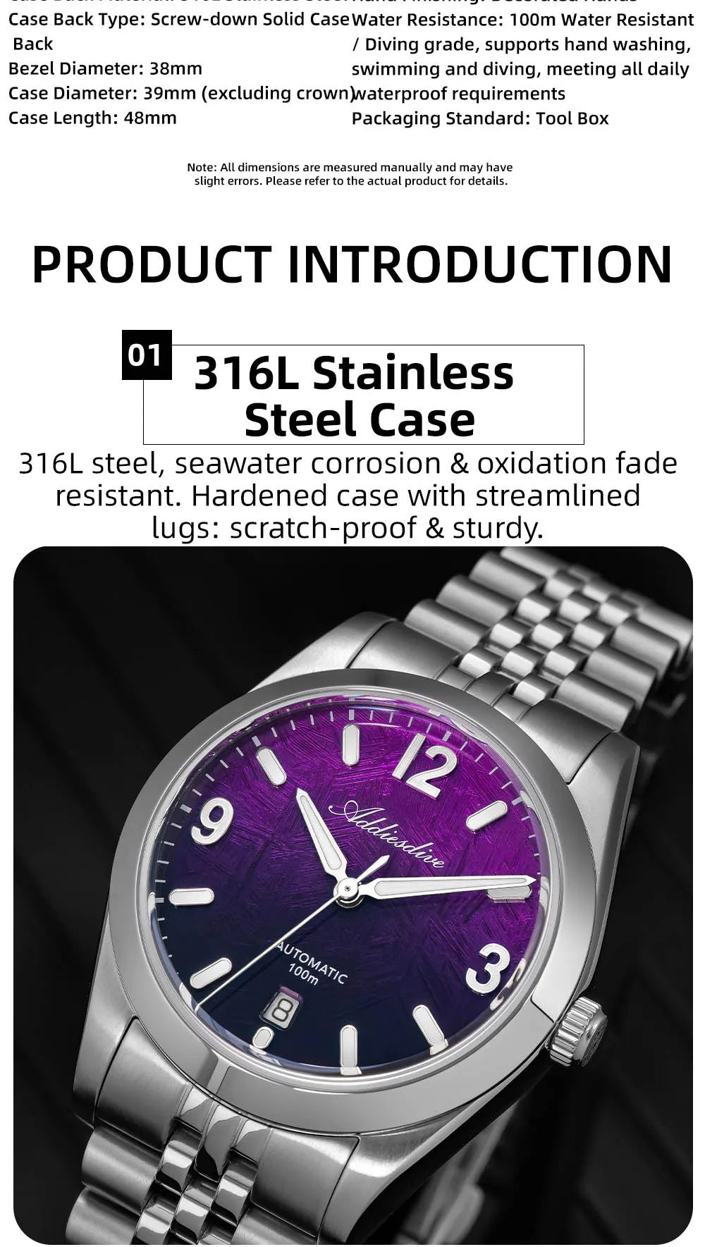 ADDIESDIVE AD2547 BGW9 Super Luminous Men Watch Sapphire Glass 10Bar Waterproof  316L Stainless Steel Automatic Mechanical Watch