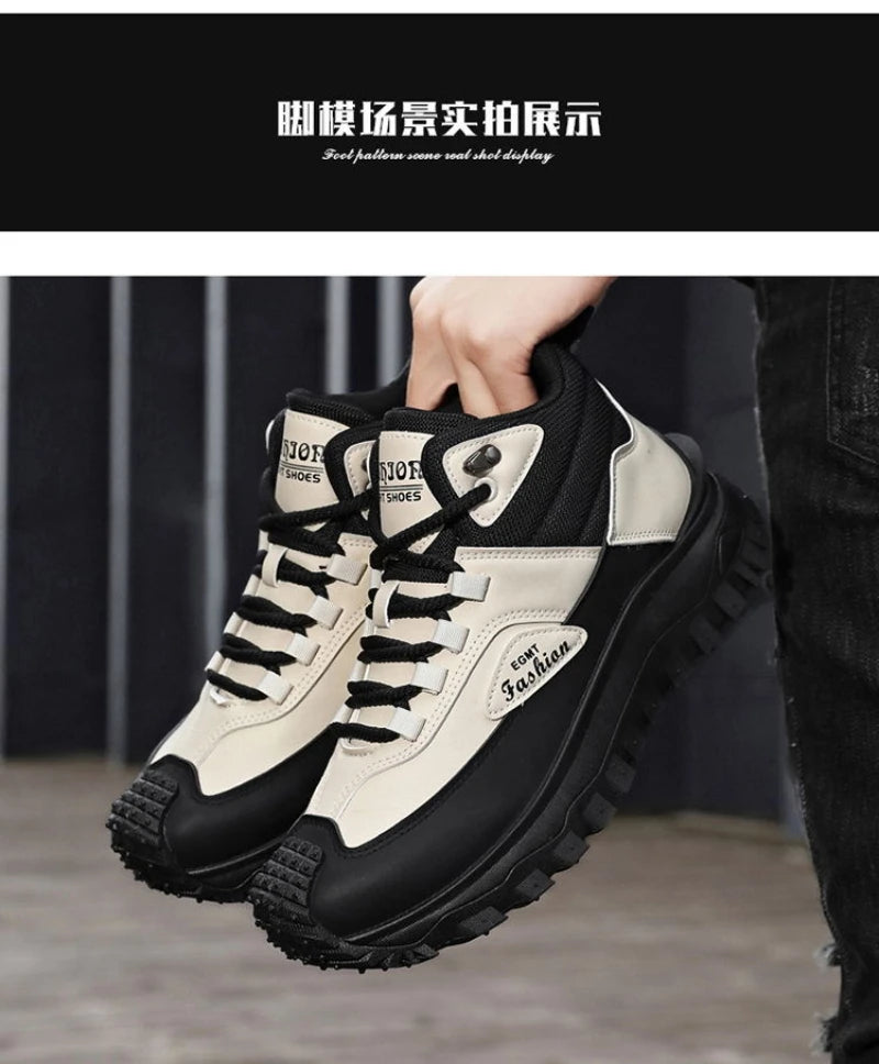 Men'S Black And White Mid Top Hiking Boots Waterproof Leather Platform Sneakers Non Slip Outdoor Casual Shoes With Rugged Sole