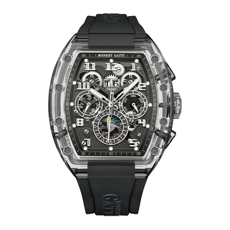BONEST GATTI Automatic Watch Tonneau Mechanical Wristwatch K9 Crystal Case Rubber Strap Multi Dial Watches For Men