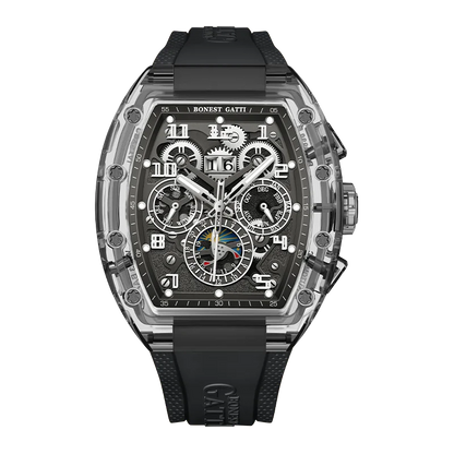 BONEST GATTI Automatic Watch Tonneau Mechanical Wristwatch K9 Crystal Case Rubber Strap Multi Dial Watches For Men