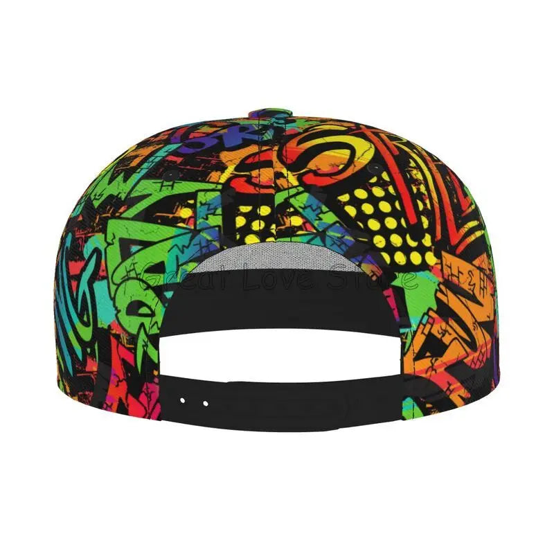 Farverig baseballcap med graffitikunst-print, justerbar snapback-kasket til mænd og kvinder, unisex hiphop-kasketter med flad skygge