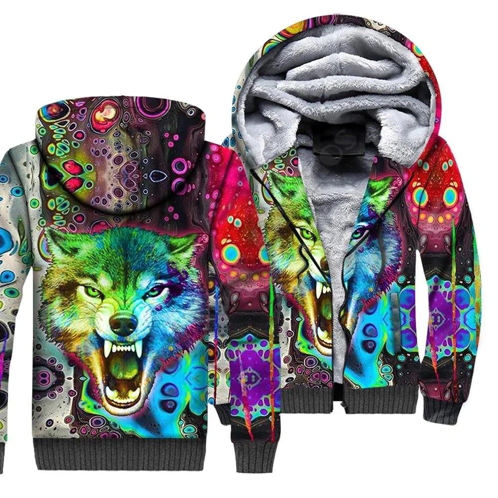Sweatshirts com Capuz e Fecho em Polar com Estampado 3D de Lobo para Homem e Mulher, Casaco de Inverno Quente em Veludo Duplo Plus, Fatos de Cosplay JR09