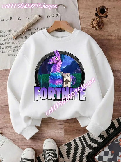Sweat-shirts Fortnite novos para criança, hoodie com estampado de personagens de jogo em estilo cartoon, tops casuais de outono para criança, roupa de inverno para bebé menino