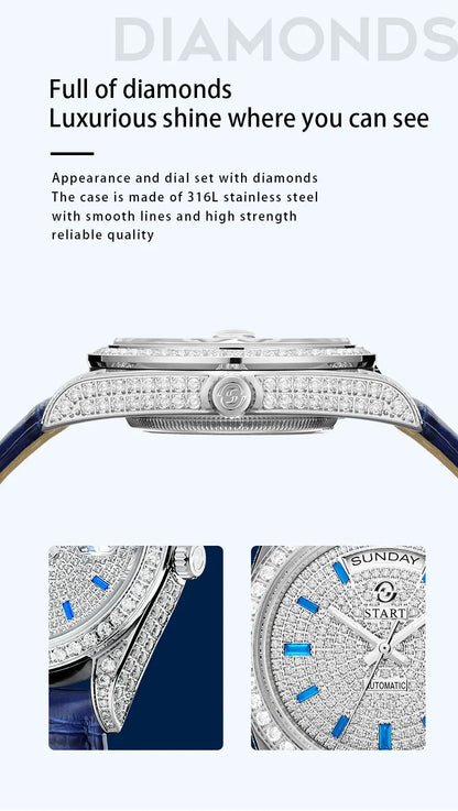 【START】Gypsophila Men's Watch Official Authentic Diamond Watch Waterproof Automatic Mechanical Watch Date Week Function