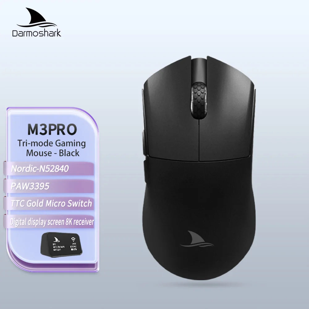 Darmoshark M3Pro Gaming-Maus 2.4G BT kabellos Tri-Mode PAW3395 Sensor N52840 26000DPI für große Hände mit Makro-Treiber – Maus für Gaming
