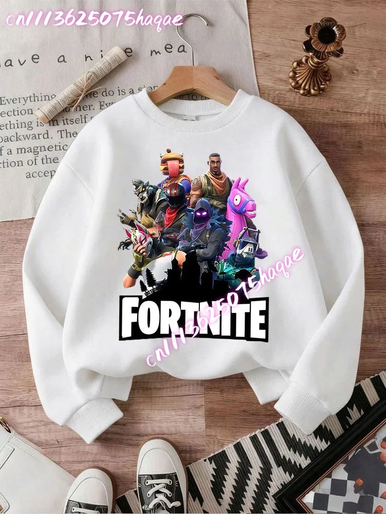 Sweat-shirts Fortnite novos para criança, hoodie com estampado de personagens de jogo em estilo cartoon, tops casuais de outono para criança, roupa de inverno para bebé menino