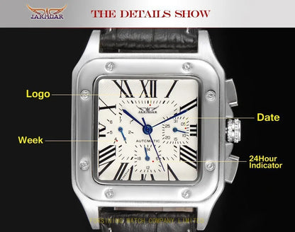 Fashion Jaragar Top Brand Men's Stylish Casual Skeleton Automatic Watch Multifunction Genuine Leather Strap Square Dial Business
