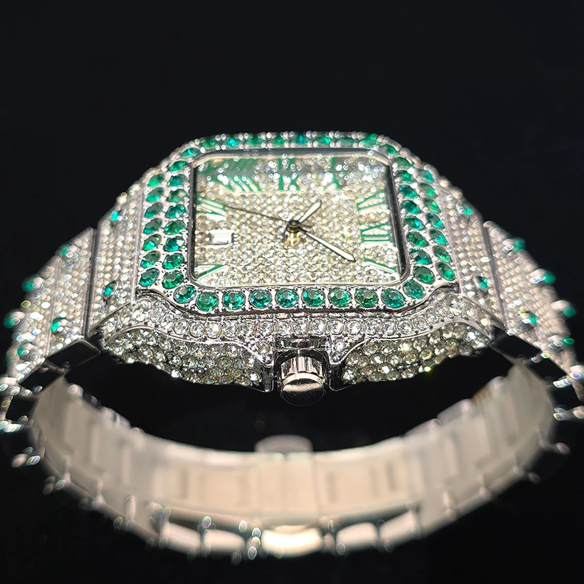 Gold Watch For Men Hip Hop Luxury Green Diamond Quartz Watches Fashion Iced Jewelry Clock Dropshipping