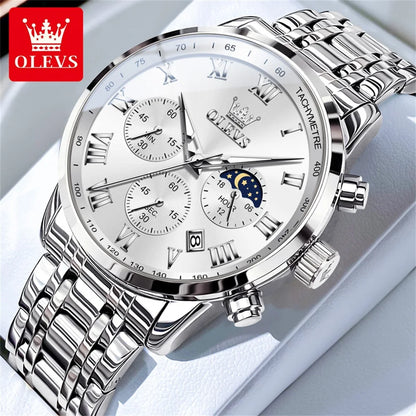 Relógio de Homem OLEVS 5529 de Marca Top Luxury, Impermeável, Luminoso, em Aço Inoxidável, com Fase Lunar e Código de Temporização, Novo Relógio de Quartzo para Homem