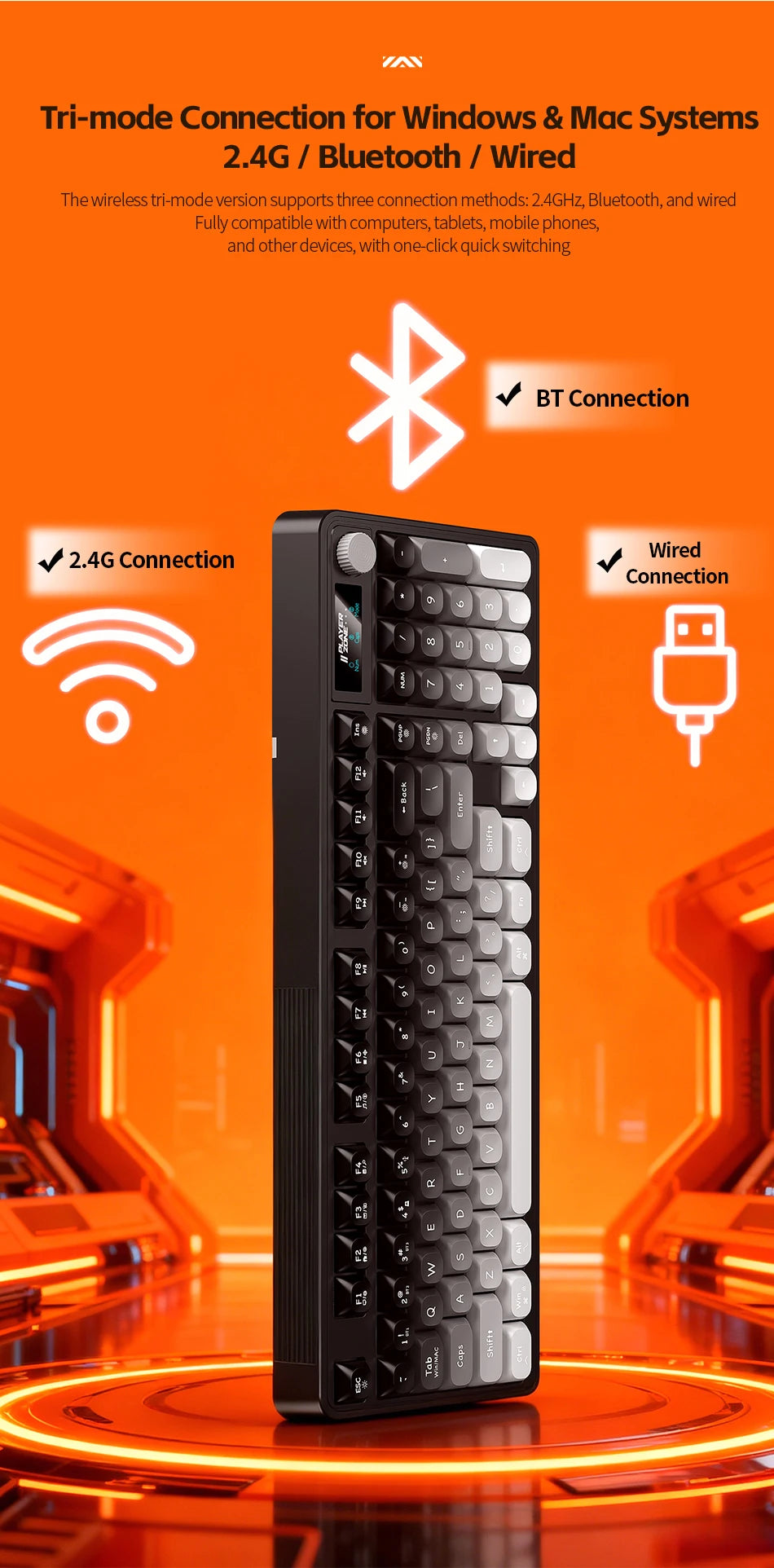 98 key Wireless Keyboard Knob Control BT/2.4g/Wired, RGB LED Backlight Display, 2000mA Battery for PC/Laptop