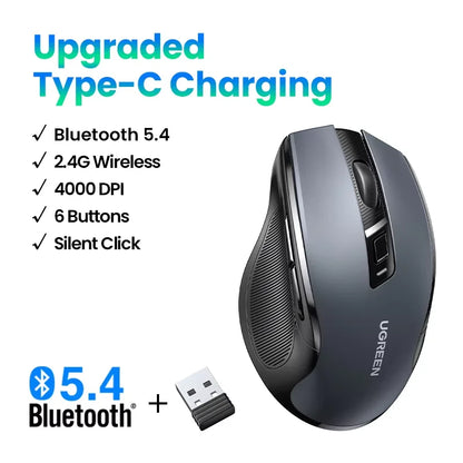 Mouse wireless UGREEN Bluetooth 5.0 ergonomico 4000DPI con 6 pulsanti silenziosi, per MacBook, tablet, laptop, computer e PC, mouse 2.4G