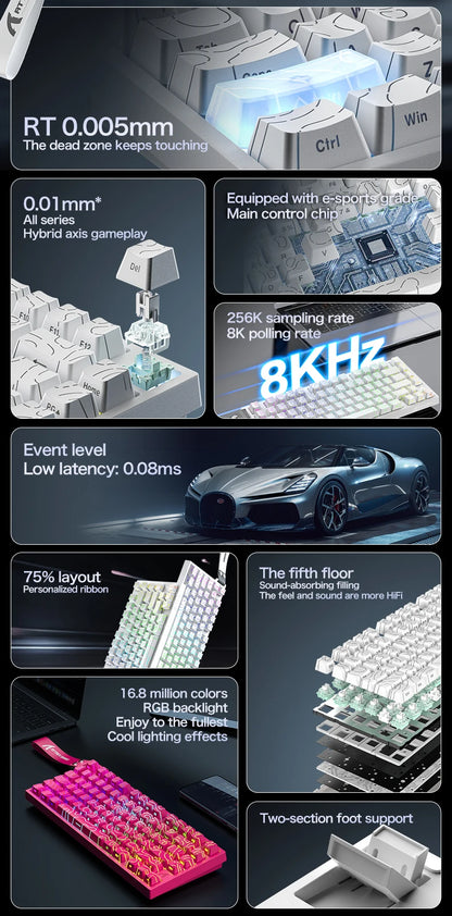 ATTACK SHARK R82HE Gaming Keyboard Magnetic 75% Wired 8000Hz Rapid Trigger ProGamer Keyboard, 0.005mm RT Accuracy, 0.08ms Latency