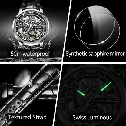 OUPINKE 3173 Skeleton Automatic Mechanical Watch Luxury Brand 50M Waterproof Watch Leather Strap Mens Watch Box Gifts Reloj