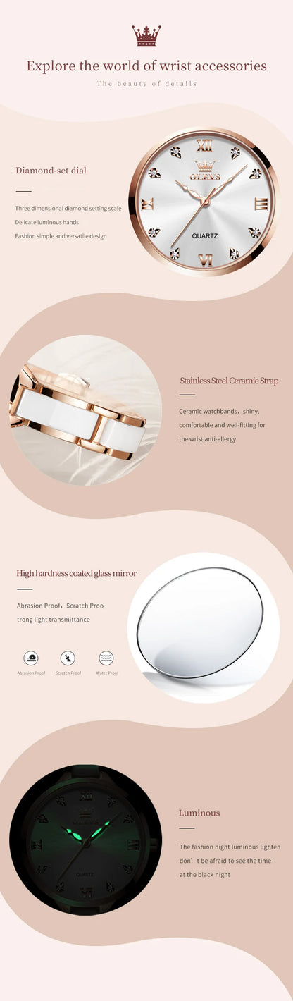 OLEVS 5872 Luxury Women's Watches Elegant Fashion Ceramic strip Waterproof Japan Imports Quartz Watch Dress Lady Watch Simple