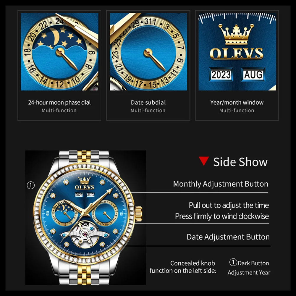 OLEVS 7016 Luxury Automatic Watch Men Skeleton Tourbillon Moon Phase Calendar Waterproof Stainless Steel Mechanical Wristwatch
