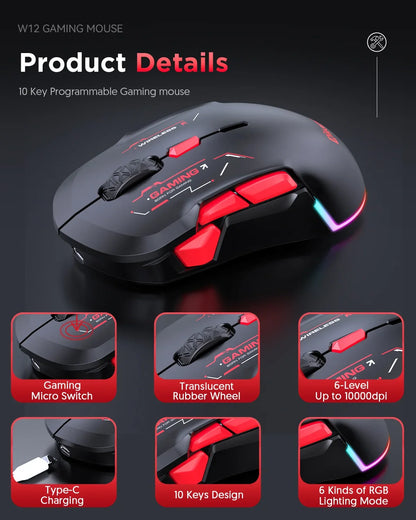 MKESPN W12 10-button Macro Gaming Mouse Both Hand Wireless Bluetooth Multi-channel Tri-mode Large RGB Ergonomic Ambidextrous