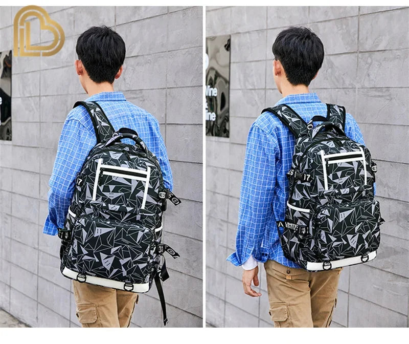 Mochila Yule Trooper F-Fortnited Battle Royale com carregamento USB, figuras anime e compartimento para material escolar para estudantes