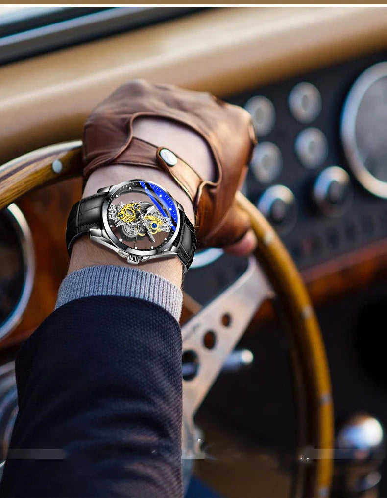 Hot Sale Fashion Transparent Watch Men Imitation Mechanical Watches Luminous Dial Stainless Steel Band Quartz Wristwatches Men