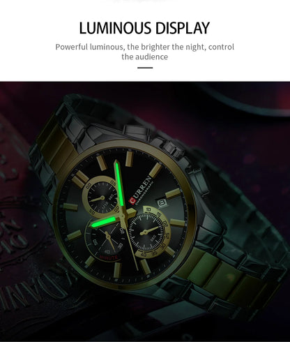 CURREN Men's Stainless Steel Chronograph Watches with Luminous Hands,Triple Sub-Dials Auto Date Fashion Design Quartz Wristwatch