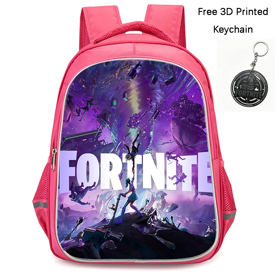 FORTNITE 16-inch Durable Lightweight Backpack, Dual Zipper Pockets, Cartoon Style for Boys & Girls 6-10,Free 3D Printed Keychain