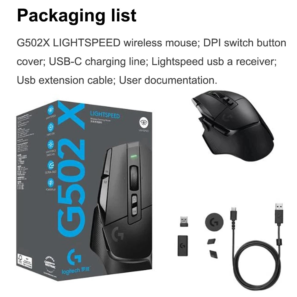 Rato gaming sem fios Logitech G502 X Lightspeed com switches híbridos ótico-mecânicos LIGHTFORCE, sensor gaming HERO 25K compatível, novo