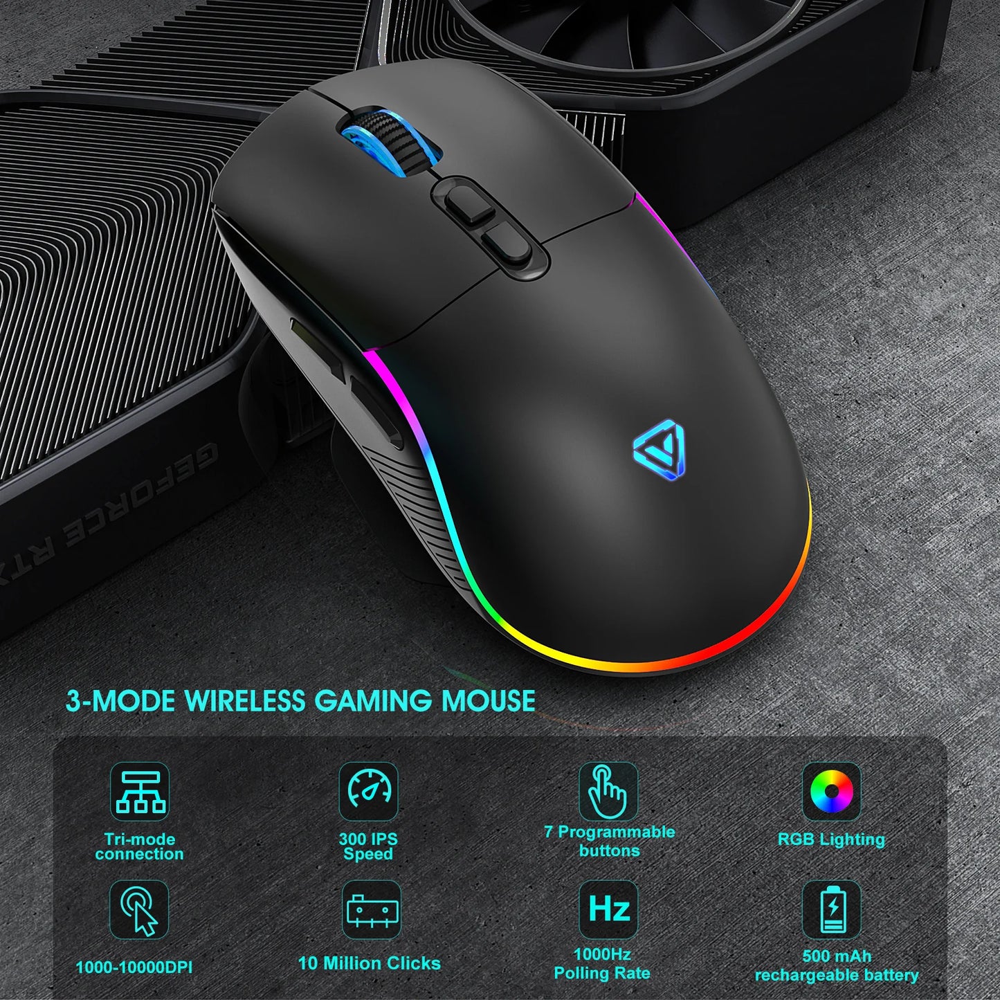 Rato Tri-Mode 2.4G sem fios/Bluetooth/com fios, DPI ajustável em 6 níveis, bateria de 500mAh, iluminação RGB, rato de gaming e eSports com macro para escritório
